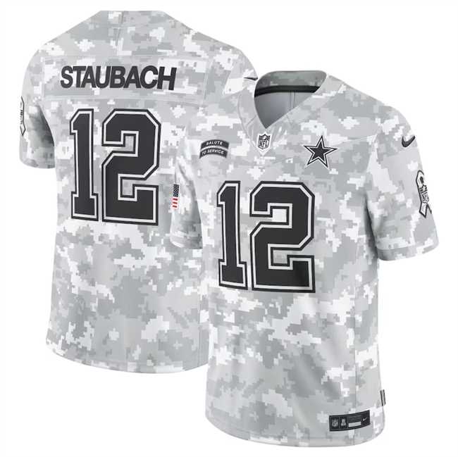 Mens Dallas Cowboys #12 Roger Staubach 2024 Arctic Camo Salute To Service Limited Stitched Jersey Dyin